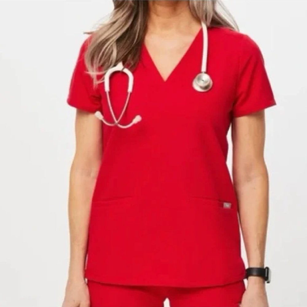 Figs Three Pocket Scrub top in pop red casma